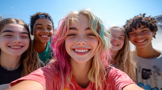 Group of NON BINARY teenagers taking a selfie at skate park. Integration in a diverse society. 