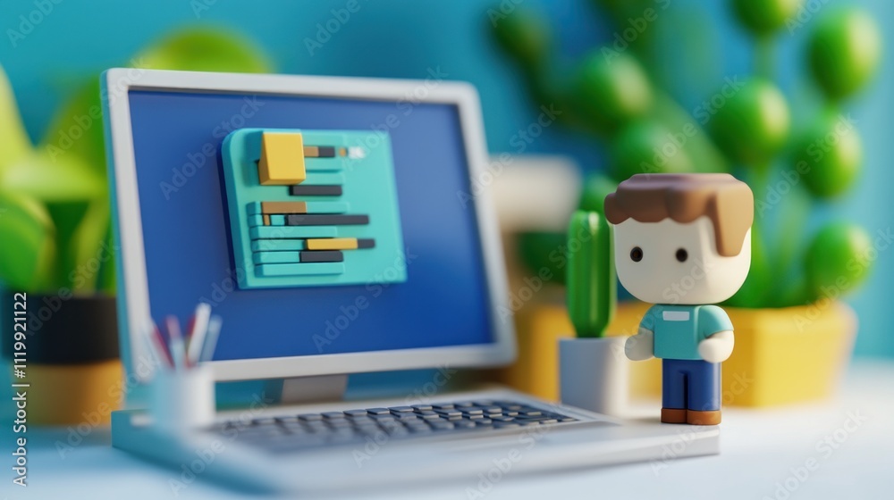 Poster A stylized figure stands beside a computer displaying colorful graphic elements and plants.