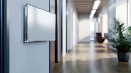 3D rendering of a blank glass nameplate design mounted near an office door.