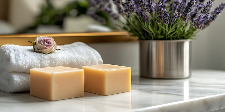 square soap boxes place on marble table which is in bathroom, its a stdio style front shot image