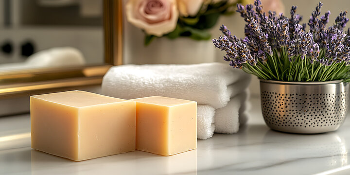 square soap boxes place on marble table which is in bathroom, its a stdio style front shot image