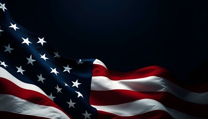 Contrast the American flag's dark background. Stripes the American flag on a dark background. Usa flag. A vibrant depiction of the American flag draped elegantly against a dark background