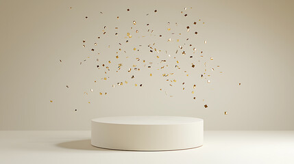 An elegant 3D podium with ample empty space, set against a light beige background, surrounded by floating gold dust