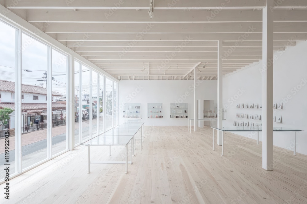 Fototapete a spacious, minimalist art gallery with large windows and simple display tables.
