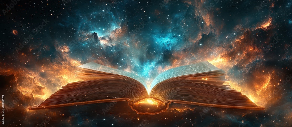 Wall mural open book with cosmic background and glowing pages in a mystical space setting