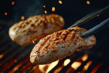 Grilled chicken fillets being cooked on a barbecue grill with flames and smoke.