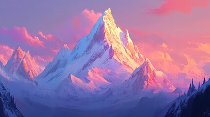 Majestic Snow-Capped Mountain Peak Surrounded by Vibrant Sunset Sky with Soft Hues of Pink and Purple in an Ethereal Landscape Setting
