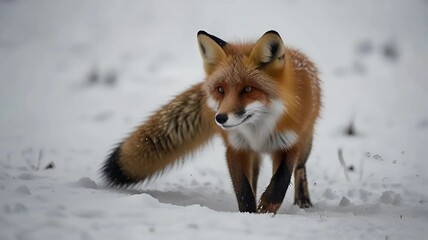 Obraz premium Close-up of a fox walking through the snow, its red fur contrasting with the white surroundings, with sharp details of its eyes and paws making tracks in the soft snow.