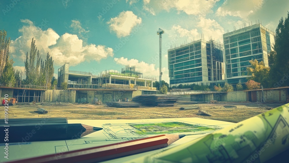 Poster construction site with blueprints, showcasing ongoing building development and planning.