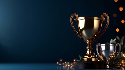 Elegant Gold and Silver Trophy Awards on Dark Blue Background with Festive Lights