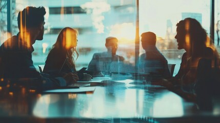A business team in a meeting room brainstorming and quickly implementing new strategies, showing a dynamic and fast-paced work environment