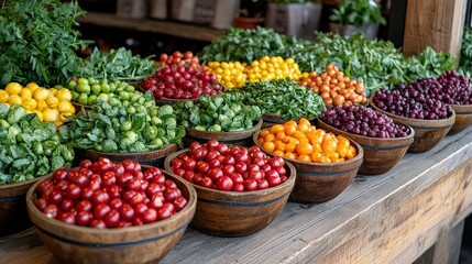 Fresh and Colorful Assortment of Fruits and Vegetables Displayed in Rustic Bowls at a Vibrant Farmer's Market, Showcasing Nature's Bounty and Agricultural Abundance