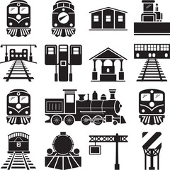 A bundle set of train icons in silhouette vector of a train, a locomotive, a station, tracks, and a signal of Vector illustration with a white background