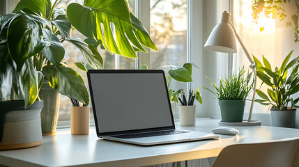 Fototapeta premium A stylish minimalist workspace with a white desk, labtop, a wireless mouse, and green indoor plants