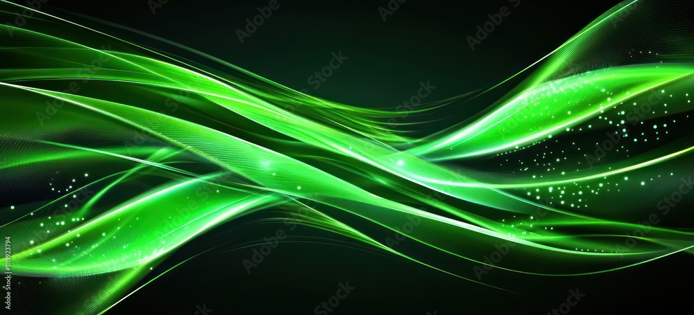 Poster abstract green waves with light effects on a dark background.