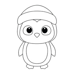 Cute Cartoon Penguin Line Art Illustration with Winter Hat.
