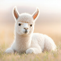 Obraz premium sleepy baby llama lying in soft grass, enjoying warm light