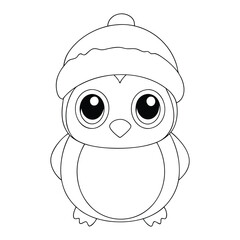 Cute Cartoon Penguin Line Art Illustration with Winter Hat.