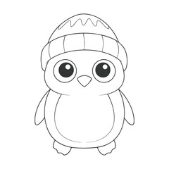 Cute Cartoon Penguin Line Art Illustration with Winter Hat.