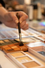 Professional makeup artist applying blush with brush, brushes and tools