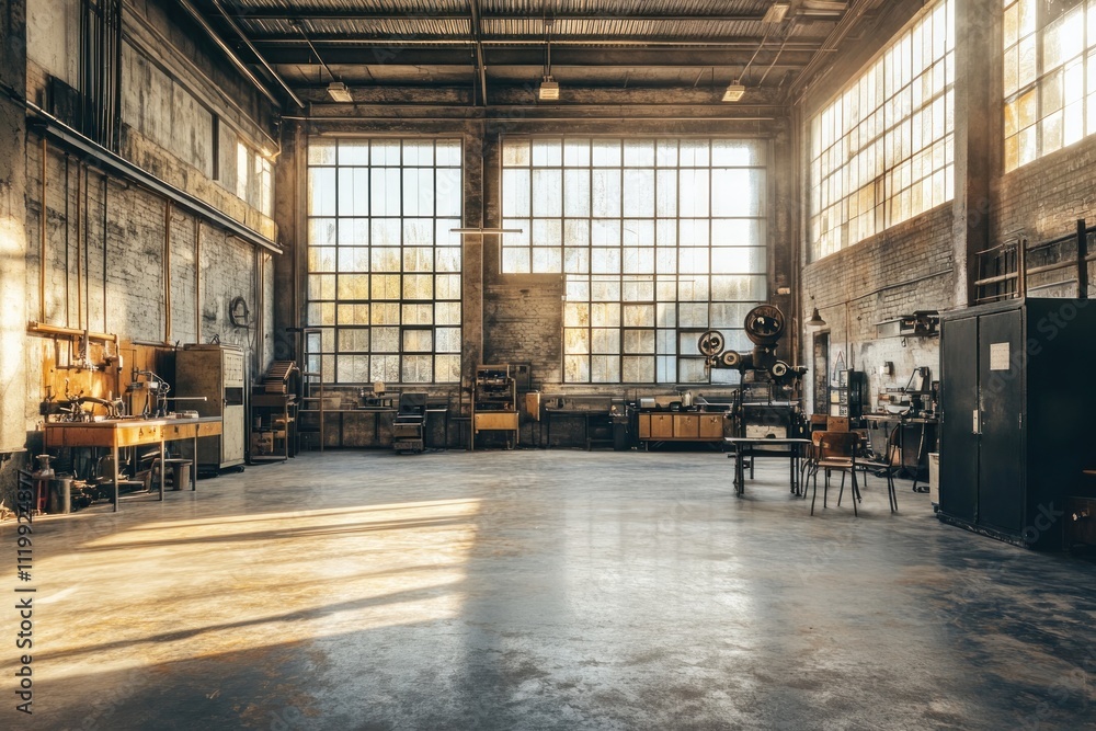 Poster a spacious industrial workshop with large windows and various tools for craftsmanship.
