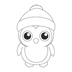 Cute Cartoon Penguin Line Art Illustration with Winter Hat.