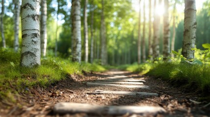 Fototapeta premium A scenic forest trail lined with birch trees is bathed in sunlight, presenting a radiant and serene setting for a leisurely walk immersed in nature's tranquility.
