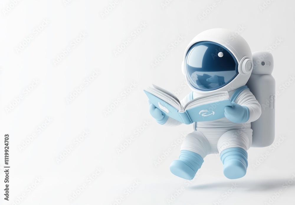 Poster a cute astronaut character reading a book in a minimalist setting.