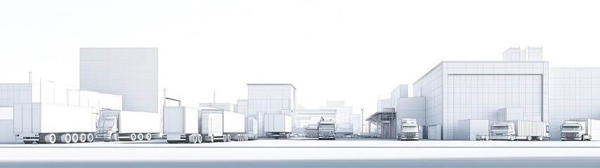 White model of city logistics with trucks and buildings.