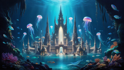 Amazing underwater hidden city Atlantis with columns and portals, fantasy background	