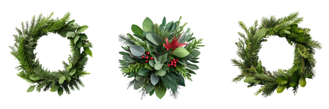 Set of An intricately designed Christmas wreath made of fresh greenery, isolated on transparent background