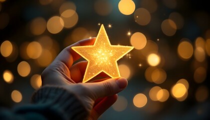 Hand holding golden glitter star with bokeh lights. A hand holding sparkling golden stars against a dark. Closeup of a hand holding a golden star with a bokeh background of warm lights