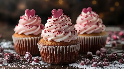 Valentine's Day dessert featuring pink frosted cupcakes with heart toppers