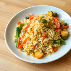 Appetizing healthy rice with vegetables in white plate on a wooden table