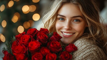 Couple exchanging smiles with a bouquet and Valentine's Day card in a cozy living room