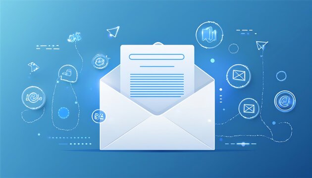 A digital illustration of an envelope with a document inside, surrounded by various communication icons on a blue background.