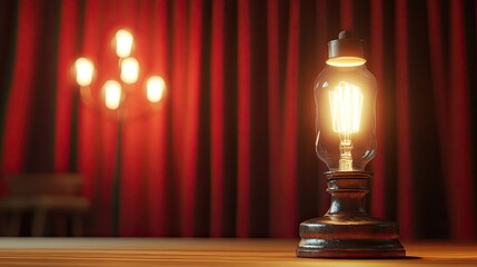 Illuminated vintage table lamp on wooden surface with blurred red curtain and candlelight background.