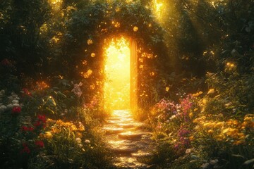 Obraz premium Enchanting Sunlit Garden Pathway Through Floral Archway in Lush Forest Setting