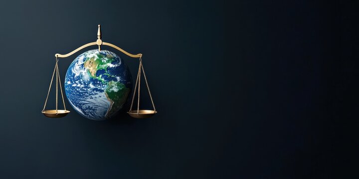 lawrestriction  justice.  An image depicting a globe balanced on a golden scale, symbolizing justice, equality, and global harmony against a dark background.