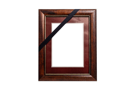 Brown Wooden Frame with Black Mourning Ribbon Isolated on White Background