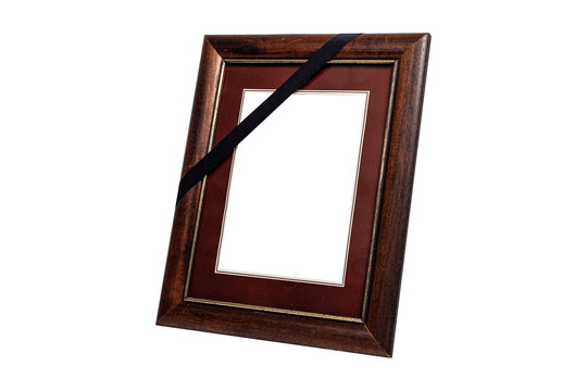 Brown Wooden Frame with Black Mourning Ribbon Isolated on White Background
