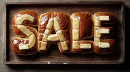 Delicious bakery item shaped like letters promoting a sale at a local shop