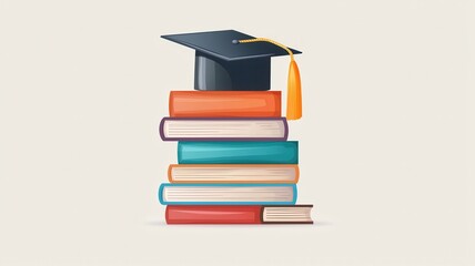A stack of colorful books topped with a graduation cap, symbolizing education and achievement.