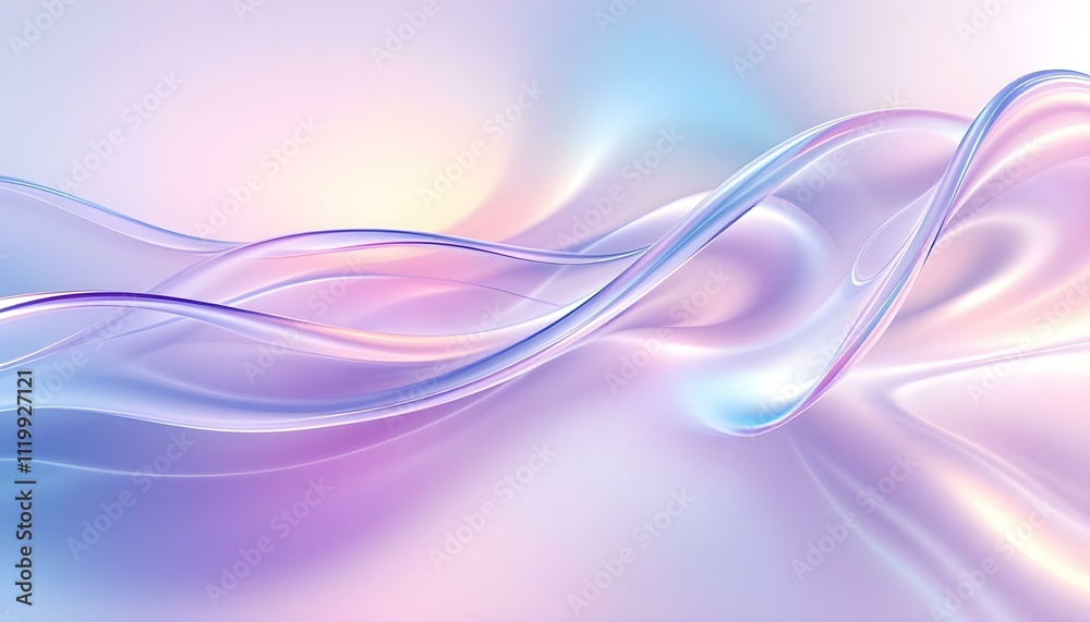 Poster Transparent glass morphism modern texture. Holographic curved wave in motion. Gradient design element. Macro glass 3d Y2K renders an abstract background. Trendy futuristic motion design banner.