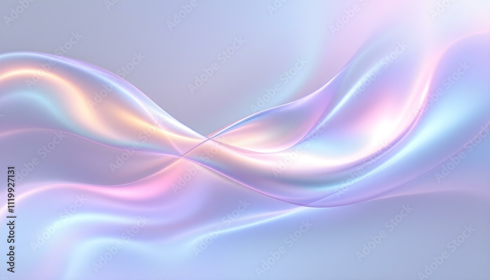 Poster Transparent glass morphism modern texture. Holographic curved wave in motion. Gradient design element. Macro glass 3d Y2K renders an abstract background. Trendy futuristic motion design banner.