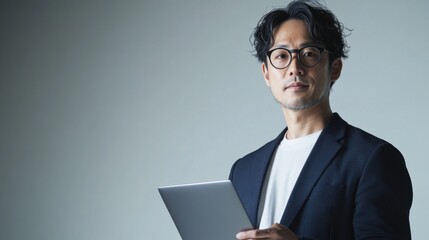 ビジネスとテクノロジーをテーマにしたタブレットを持つビジネス服を着たプロの日本人男性