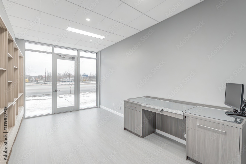 Aufkleber modern office space with minimalistic design and large windows.