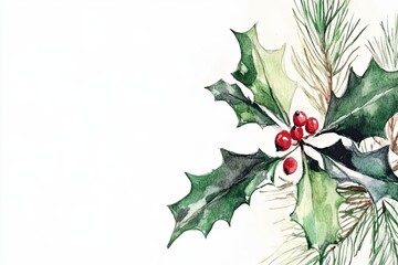 Watercolor Painting of Holly Berries and Pine
