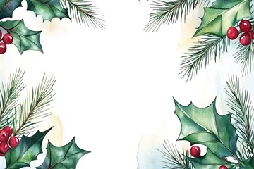 Fototapeta premium Watercolor Holly Berries And Pine Branches Frame