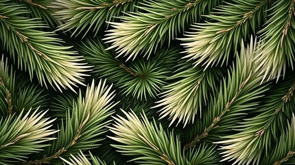 background - dense arrangement of pine branches, top view, overlapping pine needles of bright green color, texture rich and complex